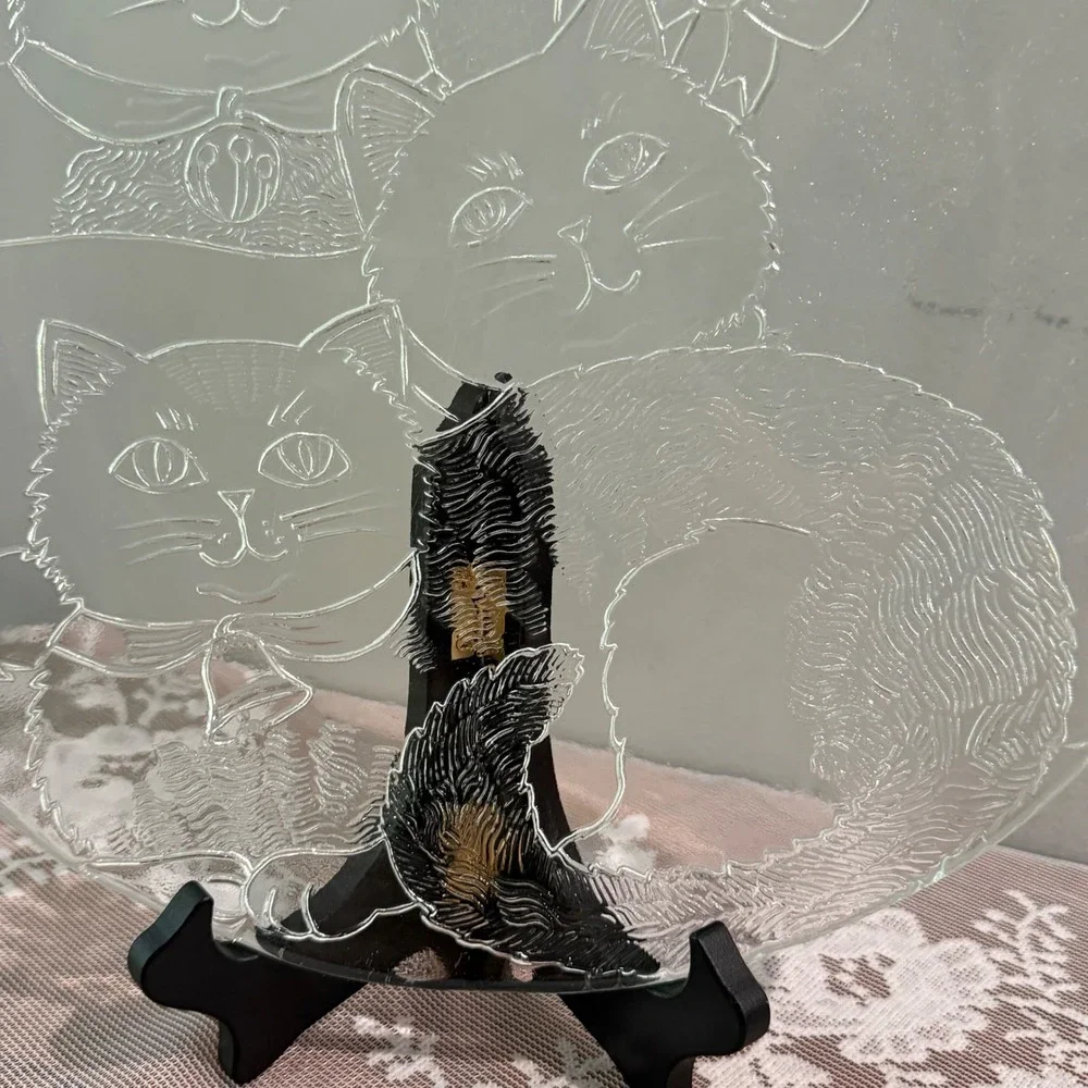 Vintage Pilgrim Glass Cat Party Platter Embossed Cat Lover 13 in Light Scratches